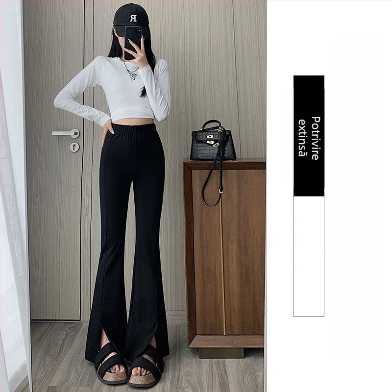 Pantaloni micro-evazați negri pentru femei 2025 toamna elastici slăbire aspect talie înaltă slim fit pantaloni de copită de cal lungime până la podea pantaloni casual pentru femei