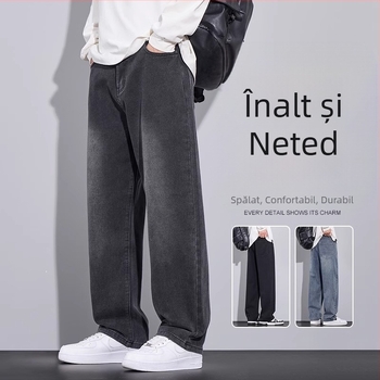 Blugi bărbați la modă, stil american, pantaloni cu picior larg 2024, primăvara și toamna, pantaloni drepți lejeri retro, potriviți
