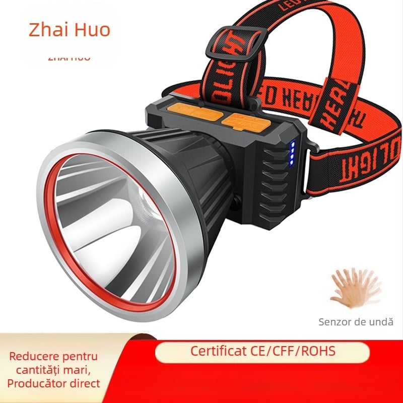 Lanternă frontală cu senzor LED, lumină puternică, reîncărcabilă în aer liber, lampă de pescuit, montată pe cap, lampă de miner, portabilă și reîncărcabilă
