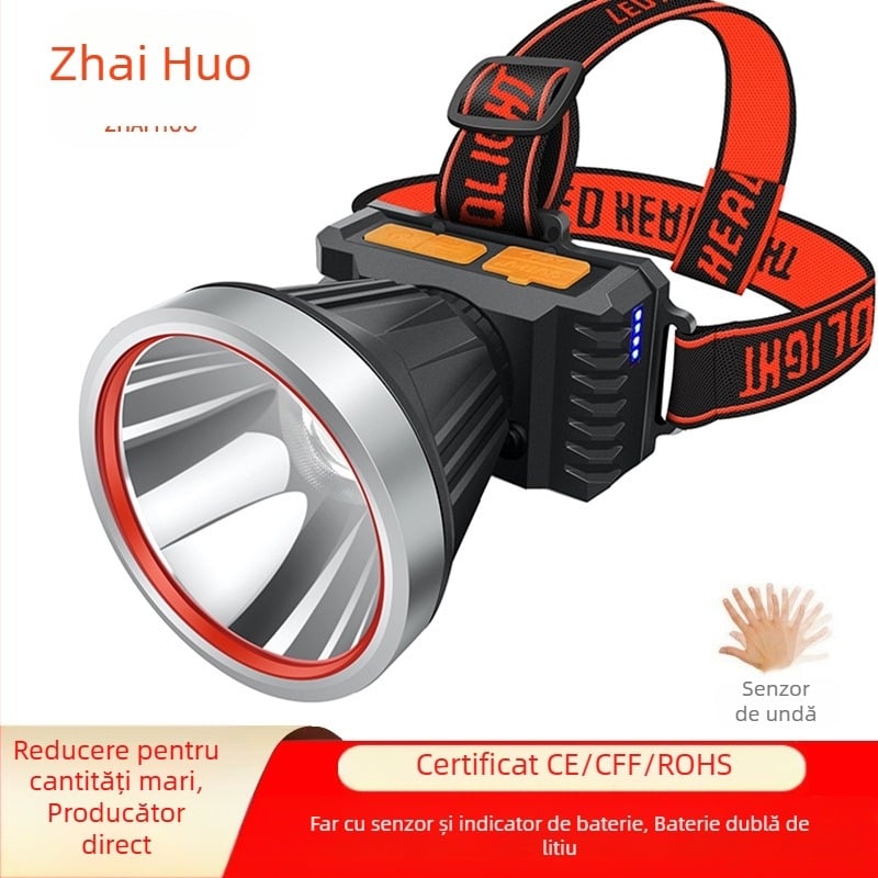 Lanternă frontală cu senzor LED, lumină puternică, reîncărcabilă în aer liber, lampă de pescuit, montată pe cap, lampă de miner, portabilă și reîncărcabilă
