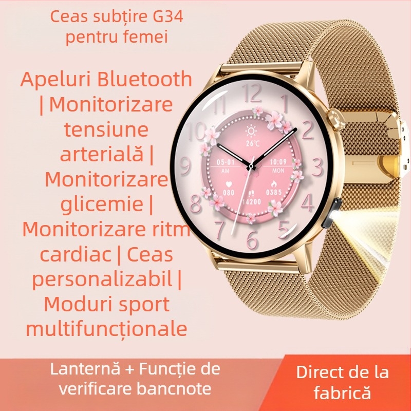 Ceas inteligent G34 pentru femei, model multifuncțional, monitor de ritm cardiac, tensiune arterială, oxigen din sânge
