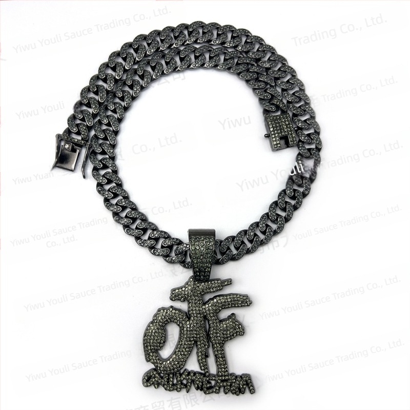 Colier cu lanț cubanez cu diamant complet, stil hip-hop european și american, fierbinte și exploziv transfrontalier, pandantiv din aur și negru, stil argintiu