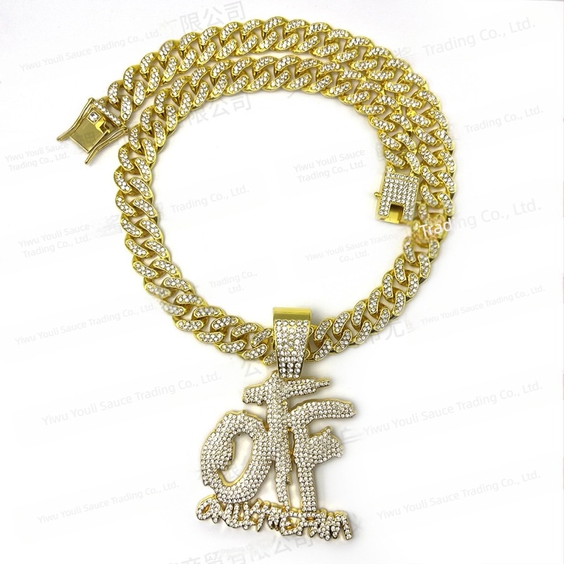 Colier cu lanț cubanez cu diamant complet, stil hip-hop european și american, fierbinte și exploziv transfrontalier, pandantiv din aur și negru, stil argintiu