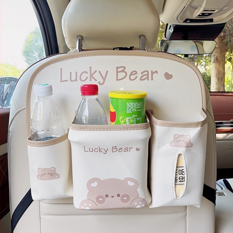 Geantă de depozitare auto, geantă agățată, drăguț desen animat din piele, geantă de depozitare pentru scaunul auto, geantă de depozitare multifuncțională, consumabile pentru femei