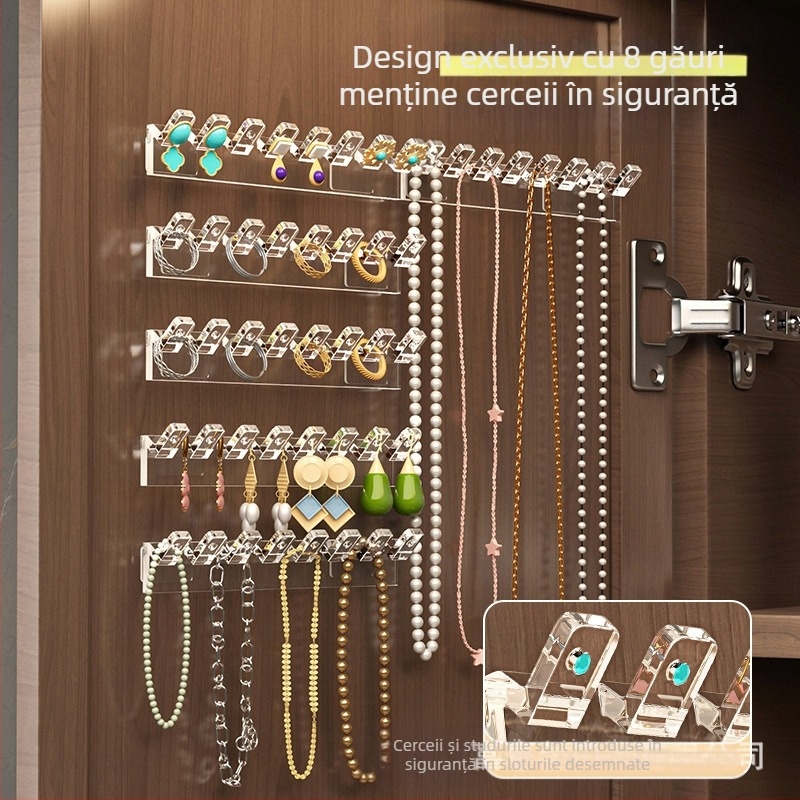 Oglindă dulap ușă spate agățat lanț depozitare raft mână lanț cercei legat rând cârlige anti-încurcare montat pe perete fără găurire suport pentru bijuterii