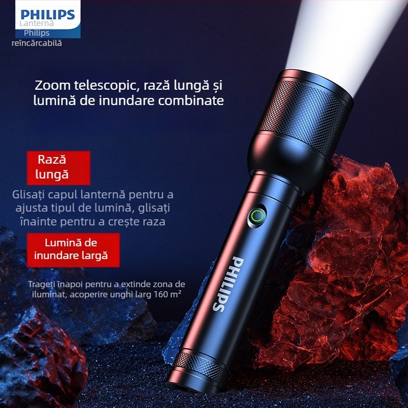 Lanternă laser tactică Philips, cu încărcare puternică, super luminoasă, portabilă, pentru exterior, cu rază lungă de acțiune, multifuncțională și zoom, pentru uz casnic