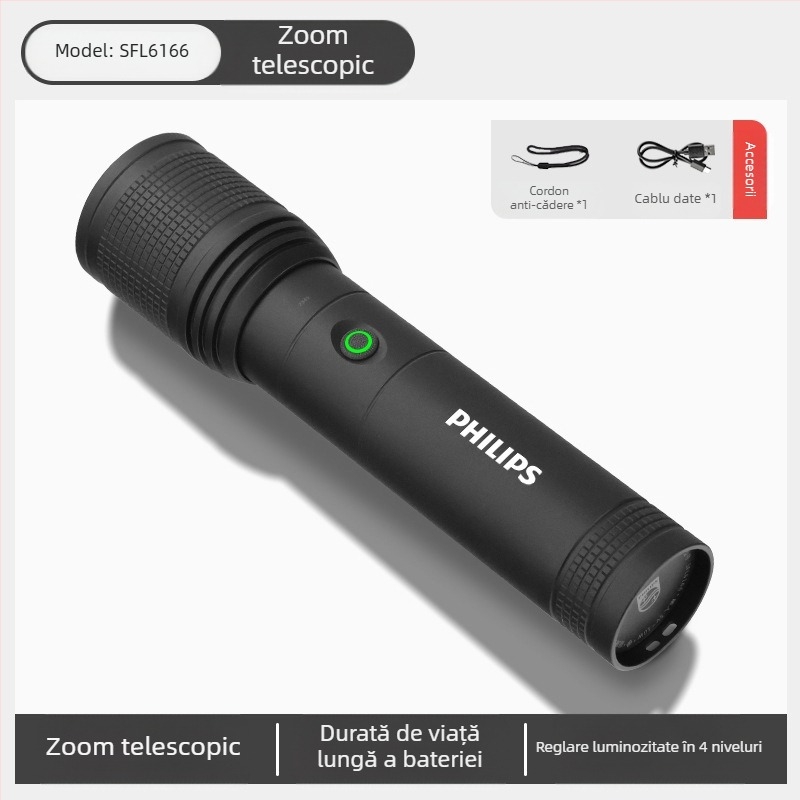 Lanternă laser tactică Philips, cu încărcare puternică, super luminoasă, portabilă, pentru exterior, cu rază lungă de acțiune, multifuncțională și zoom, pentru uz casnic
