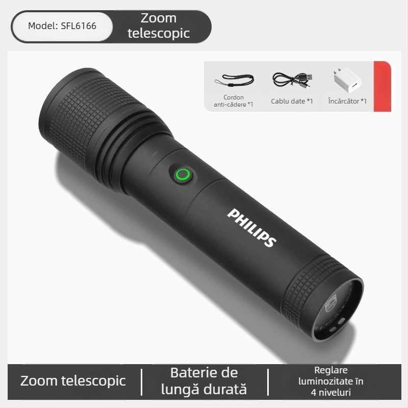 Lanternă laser tactică Philips, cu încărcare puternică, super luminoasă, portabilă, pentru exterior, cu rază lungă de acțiune, multifuncțională și zoom, pentru uz casnic