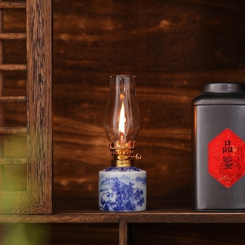 Lampă ceramică cu unt, cu model de lotus albastru și alb, lampă vintage cu kerosen, ornamente pentru ceremonia ceaiului, lampă de atmosferă pentru camera de ceai, Dropshipping transfrontalier