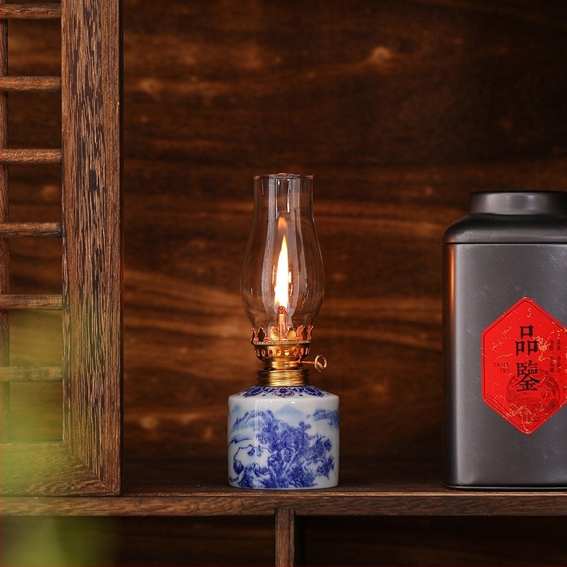 Lampă ceramică cu unt, cu model de lotus albastru și alb, lampă vintage cu kerosen, ornamente pentru ceremonia ceaiului, lampă de atmosferă pentru camera de ceai, Dropshipping transfrontalier