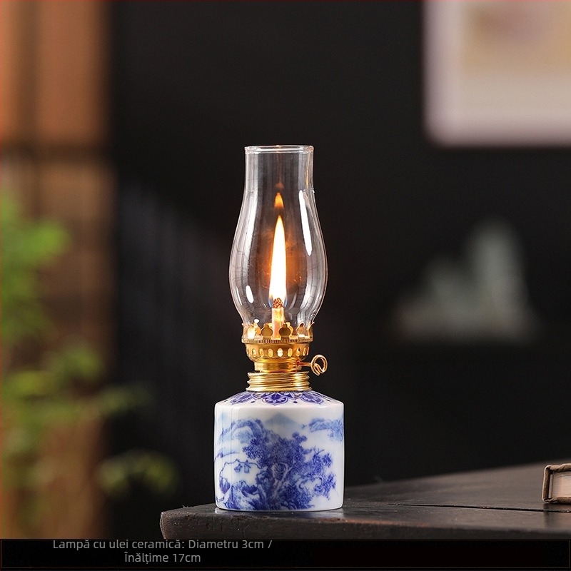 Lampă ceramică cu unt, cu model de lotus albastru și alb, lampă vintage cu kerosen, ornamente pentru ceremonia ceaiului, lampă de atmosferă pentru camera de ceai, Dropshipping transfrontalier
