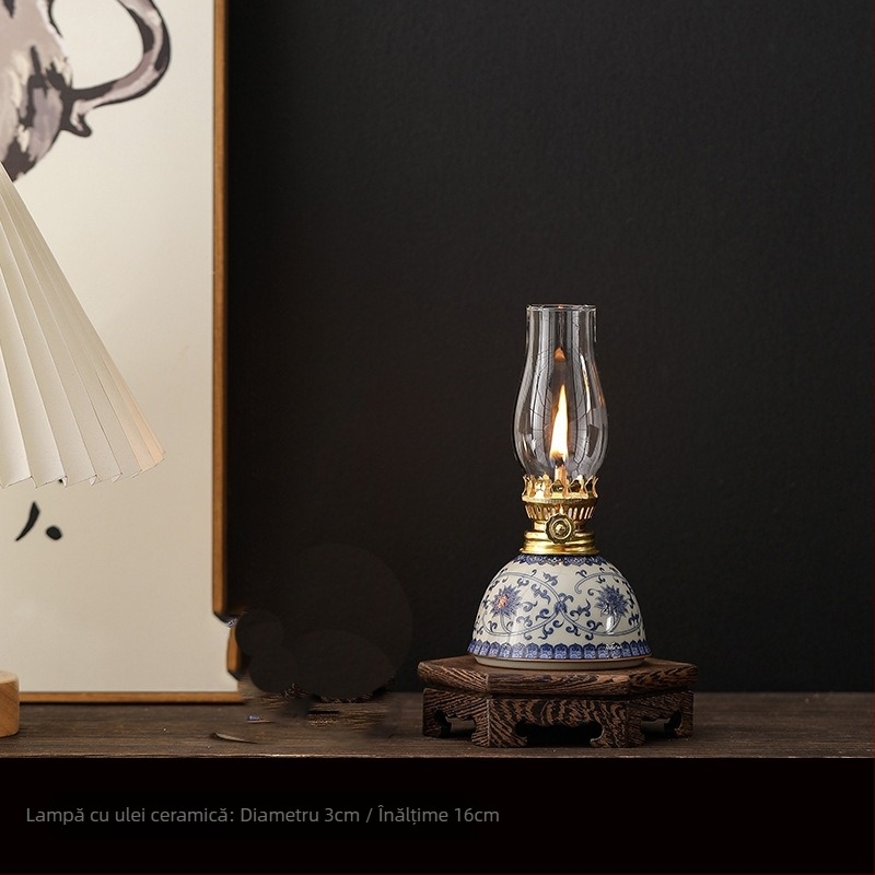 Lampă ceramică cu unt, cu model de lotus albastru și alb, lampă vintage cu kerosen, ornamente pentru ceremonia ceaiului, lampă de atmosferă pentru camera de ceai, Dropshipping transfrontalier