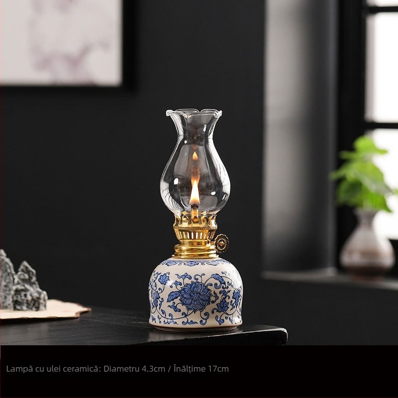 Lampă ceramică cu unt, cu model de lotus albastru și alb, lampă vintage cu kerosen, ornamente pentru ceremonia ceaiului, lampă de atmosferă pentru camera de ceai, Dropshipping transfrontalier