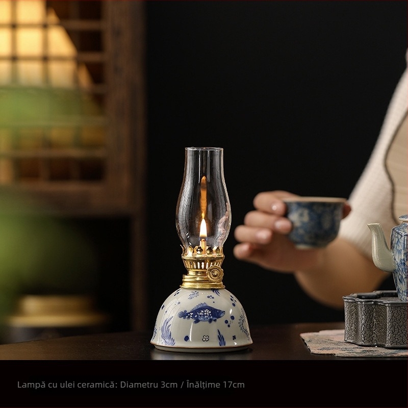 Lampă ceramică cu unt, cu model de lotus albastru și alb, lampă vintage cu kerosen, ornamente pentru ceremonia ceaiului, lampă de atmosferă pentru camera de ceai, Dropshipping transfrontalier