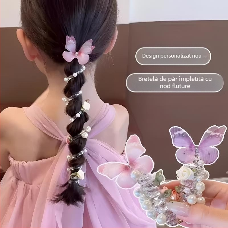 Inel de păr pentru copii, cu perle fluture, linie telefonică, coadă de cal, împletitură cu bule, coardă de păr pentru fete, accesorii de păr