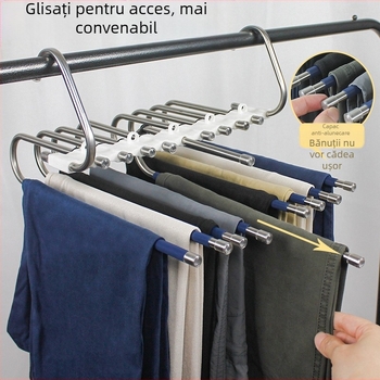 Raft de depozitare magic pentru pantaloni din oțel inoxidabil, multifuncțional, pliabil, cu umeraș, pentru uz casnic, pentru garderobă, pantaloni, clip, raft multistrat