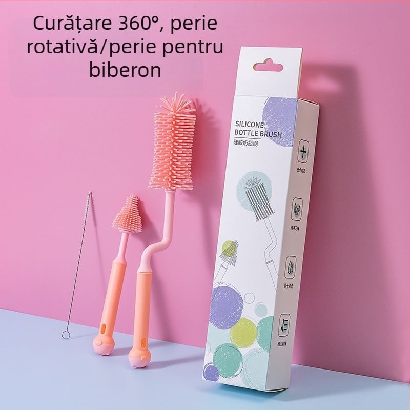 Perie de curățare pentru biberon din silicon, perie de spălare a biberonului, perie de clătire, perie de curățare, set de perii de curățare