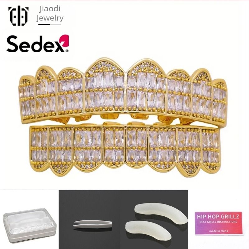 Aparate dentare hip-hop transfrontaliere de Halloween, accesorii, aparate dentare din aur real de 14K, cupru electrolizat cu zirconiu, aparate dentare cu diamante rap exagerate