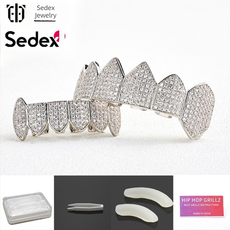 Aparate dentare hip-hop transfrontaliere de Halloween, accesorii, aparate dentare din aur real de 14K, cupru electrolizat cu zirconiu, aparate dentare cu diamante rap exagerate