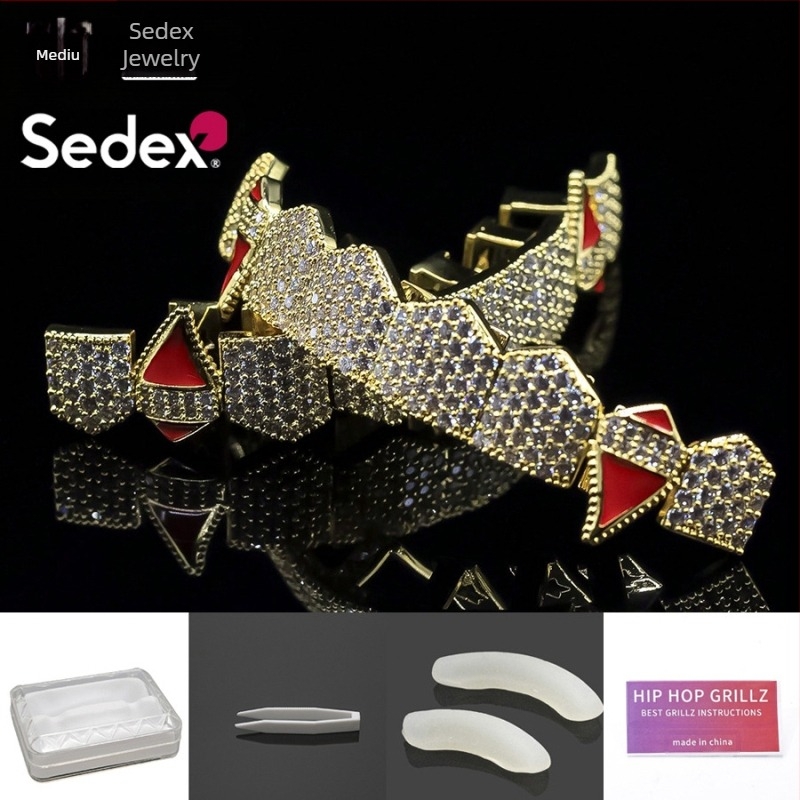 Aparate dentare hip-hop transfrontaliere de Halloween, accesorii, aparate dentare din aur real de 14K, cupru electrolizat cu zirconiu, aparate dentare cu diamante rap exagerate