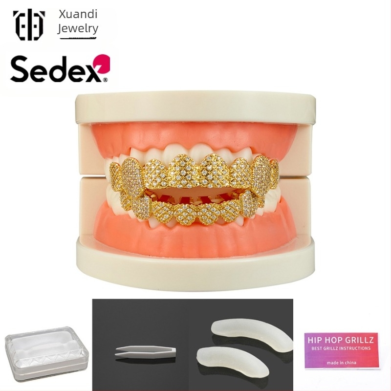 Aparate dentare hip-hop transfrontaliere de Halloween, accesorii, aparate dentare din aur real de 14K, cupru electrolizat cu zirconiu, aparate dentare cu diamante rap exagerate