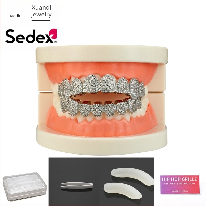 Aparate dentare hip-hop transfrontaliere de Halloween, accesorii, aparate dentare din aur real de 14K, cupru electrolizat cu zirconiu, aparate dentare cu diamante rap exagerate