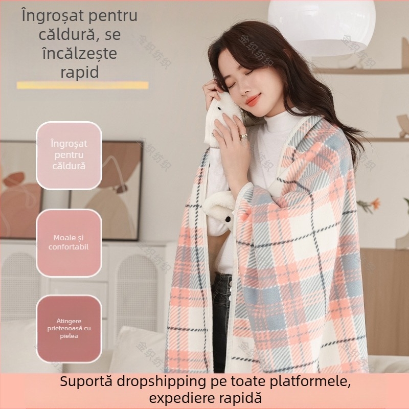 Pătură de șal din fleece groasă multifuncțională transfrontalieră, dublu strat, pătură casual de birou, pătură caldă de șal pentru femei cu cataramă