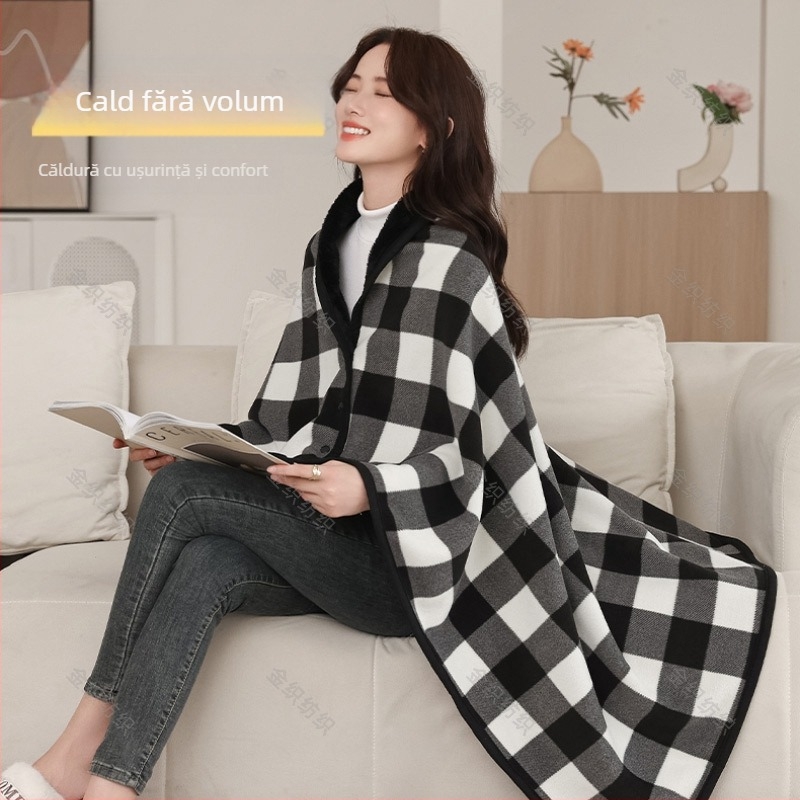 Pătură de șal din fleece groasă multifuncțională transfrontalieră, dublu strat, pătură casual de birou, pătură caldă de șal pentru femei cu cataramă