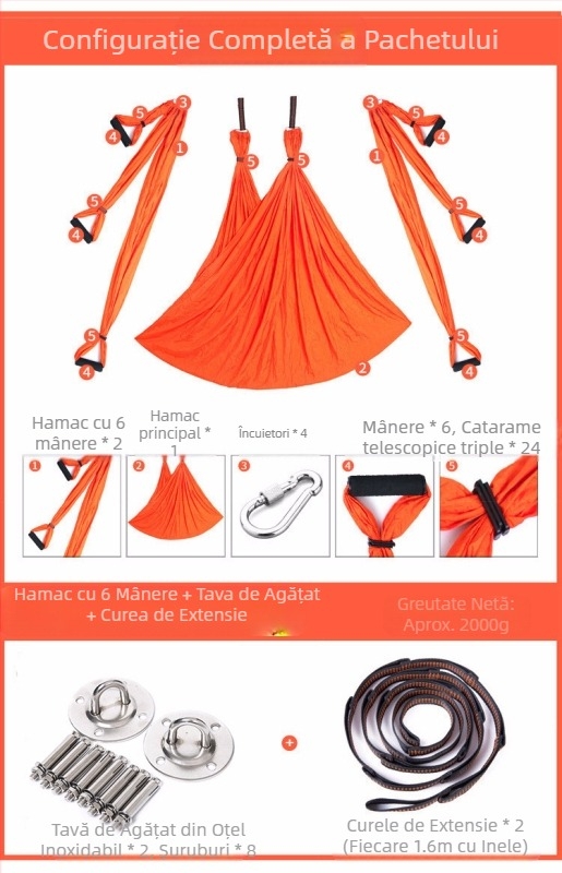 Hamac de yoga cu aer cald, din fabrică, cu 6 mânere, pentru studio de yoga, cu suport pentru mâini, pentru fitness, din material nylon neelastic pentru interior