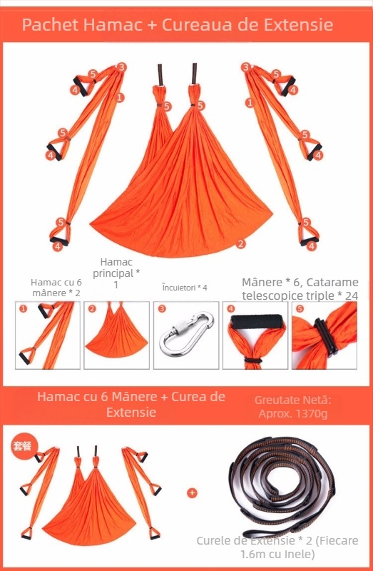 Hamac de yoga cu aer cald, din fabrică, cu 6 mânere, pentru studio de yoga, cu suport pentru mâini, pentru fitness, din material nylon neelastic pentru interior