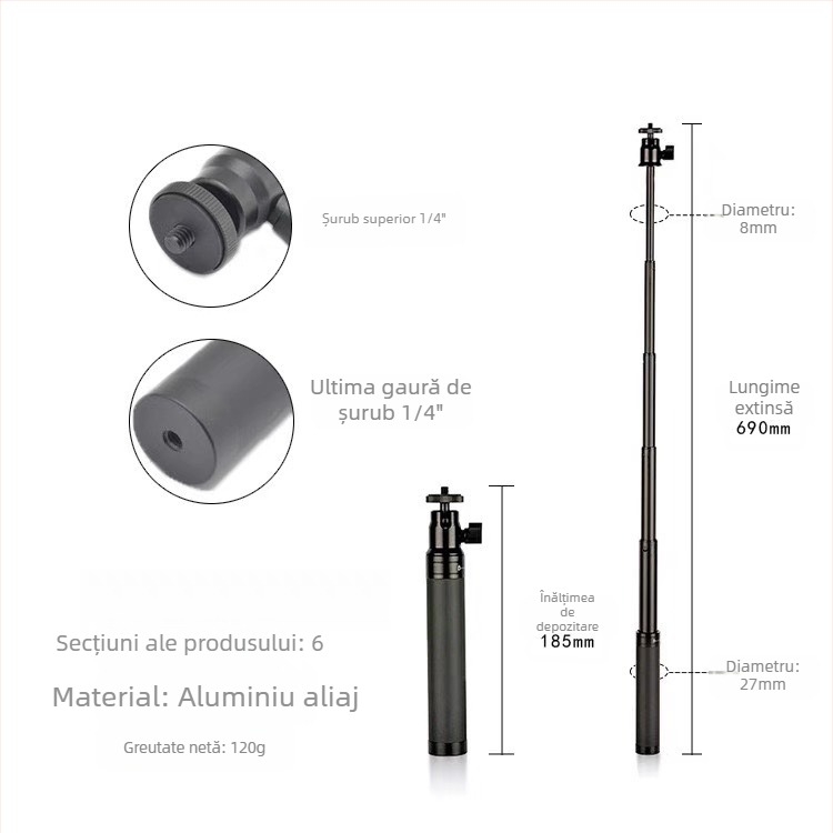 Tijă de extensie Feiyu Dajiang Vast Stabilizator de telefon mobil Stick selfie universal pentru cameră sport GoPro13 Tijă portabilă