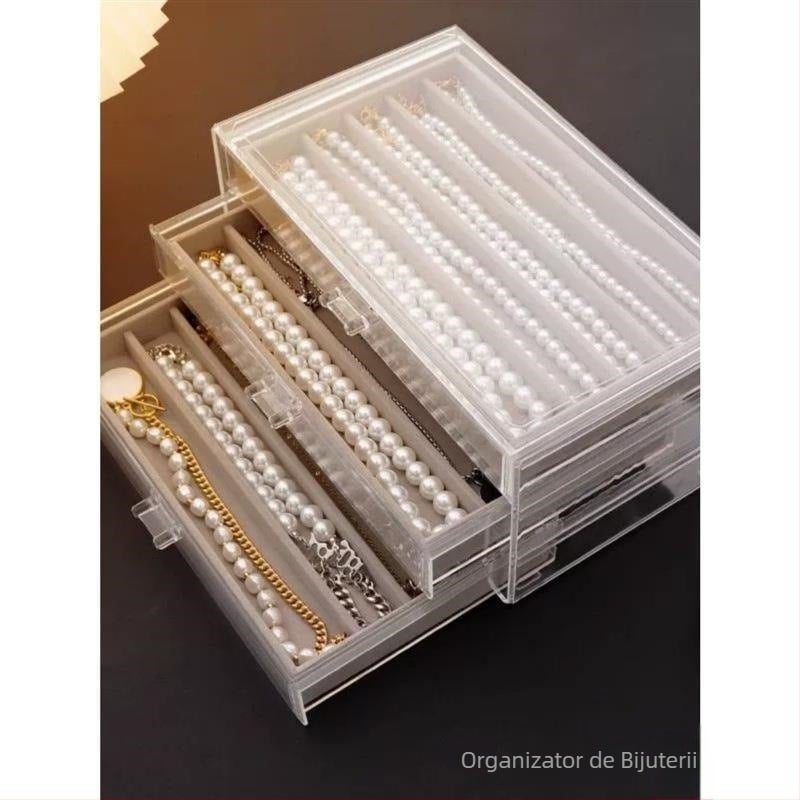 Cutie de depozitare pentru colier, cu sertar tip sertar pentru organizarea de birou, rezistentă la praf, pentru brățări lungi cu mărgele, cutie de bijuterii