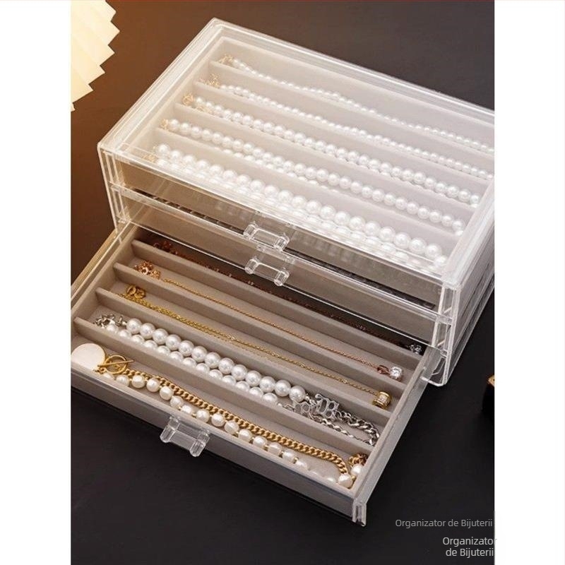 Cutie de depozitare pentru colier, cu sertar tip sertar pentru organizarea de birou, rezistentă la praf, pentru brățări lungi cu mărgele, cutie de bijuterii