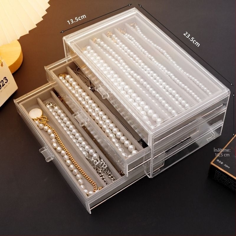 Cutie de depozitare pentru colier, cu sertar tip sertar pentru organizarea de birou, rezistentă la praf, pentru brățări lungi cu mărgele, cutie de bijuterii