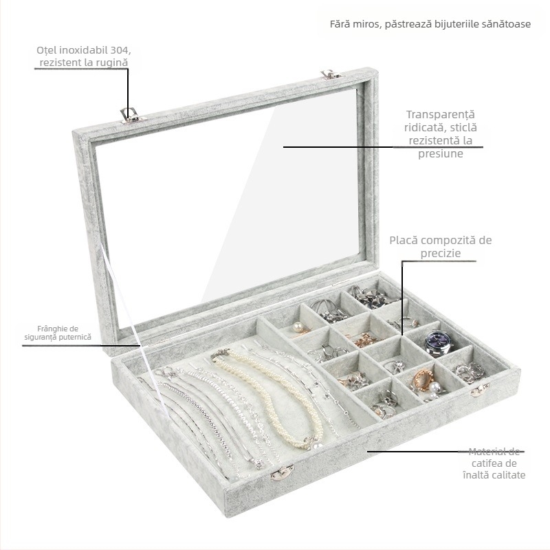 Catifea, capacitate mare, inel, bijuterii, depozitare, cutie transparentă, tavă, colier, bijuterii, cutie de depozitare