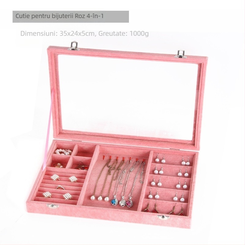 Catifea, capacitate mare, inel, bijuterii, depozitare, cutie transparentă, tavă, colier, bijuterii, cutie de depozitare