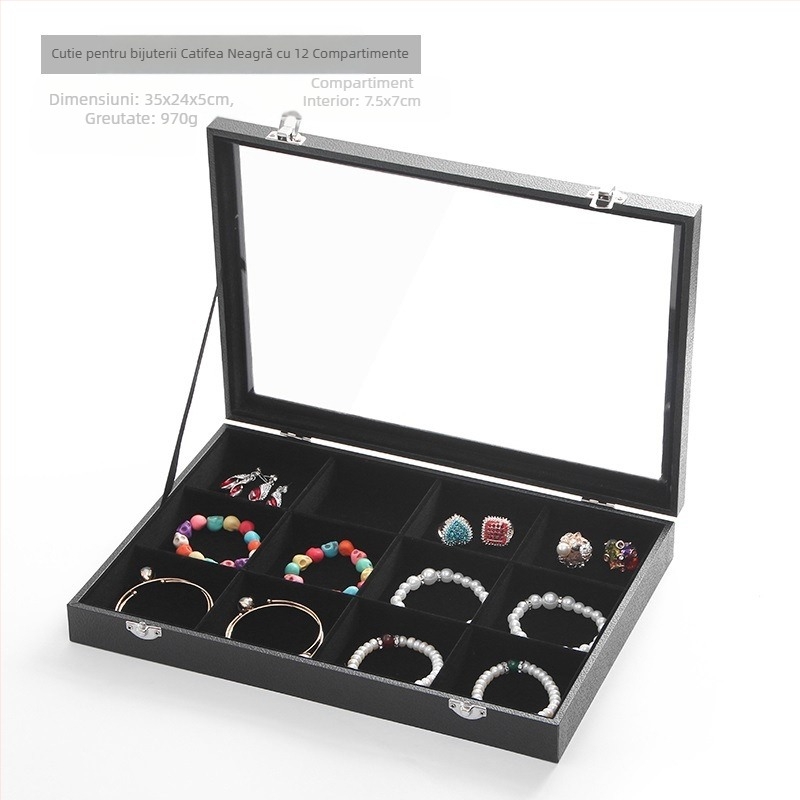 Catifea, capacitate mare, inel, bijuterii, depozitare, cutie transparentă, tavă, colier, bijuterii, cutie de depozitare