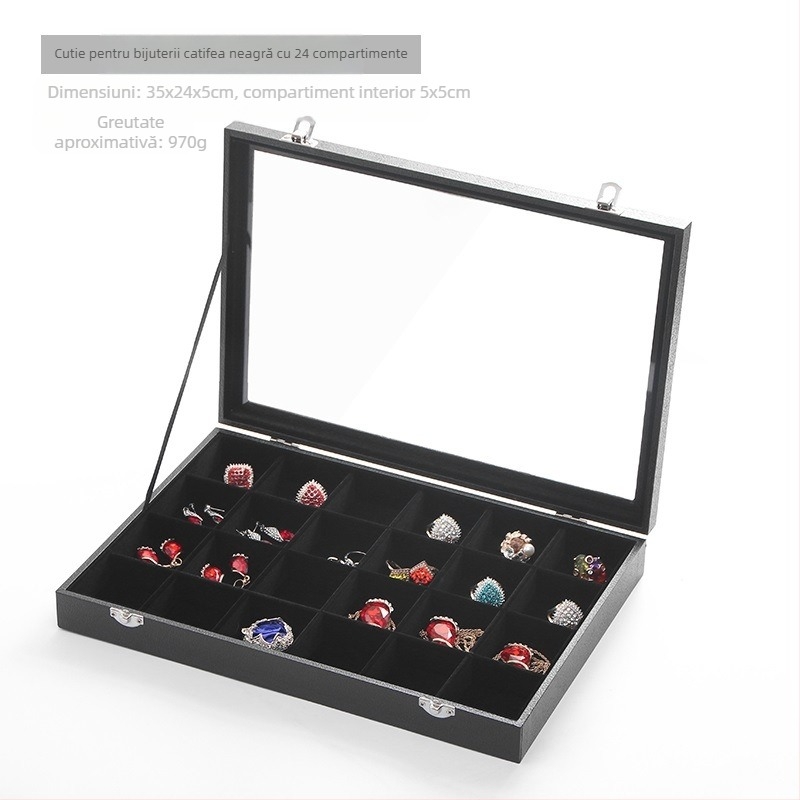 Catifea, capacitate mare, inel, bijuterii, depozitare, cutie transparentă, tavă, colier, bijuterii, cutie de depozitare