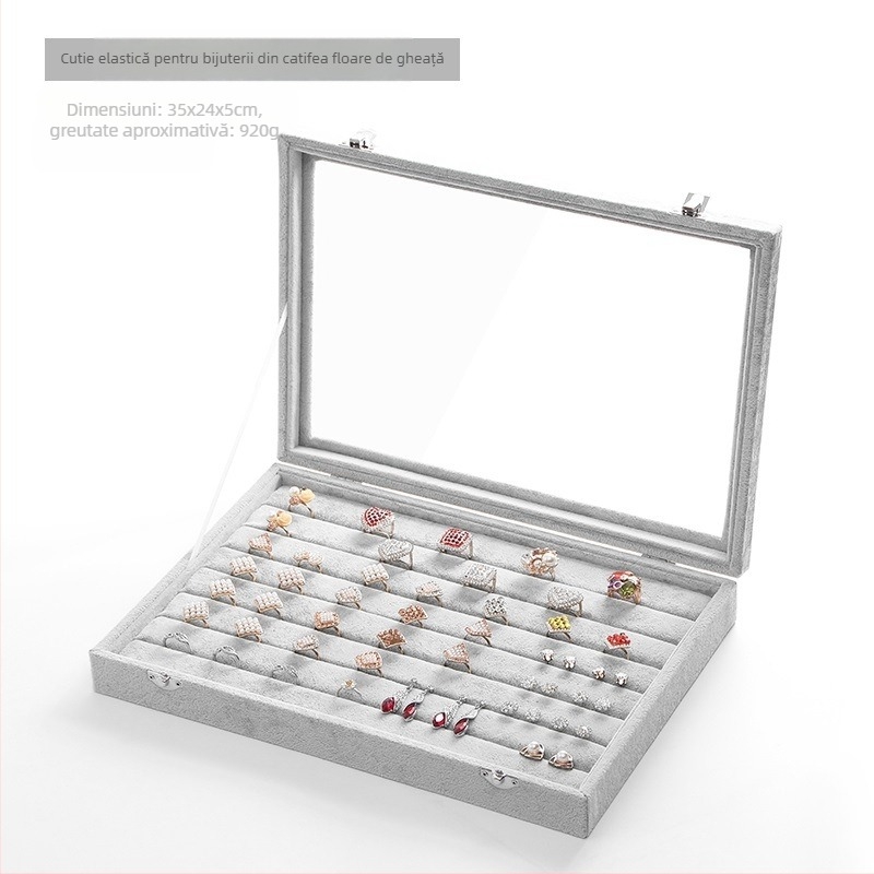 Catifea, capacitate mare, inel, bijuterii, depozitare, cutie transparentă, tavă, colier, bijuterii, cutie de depozitare