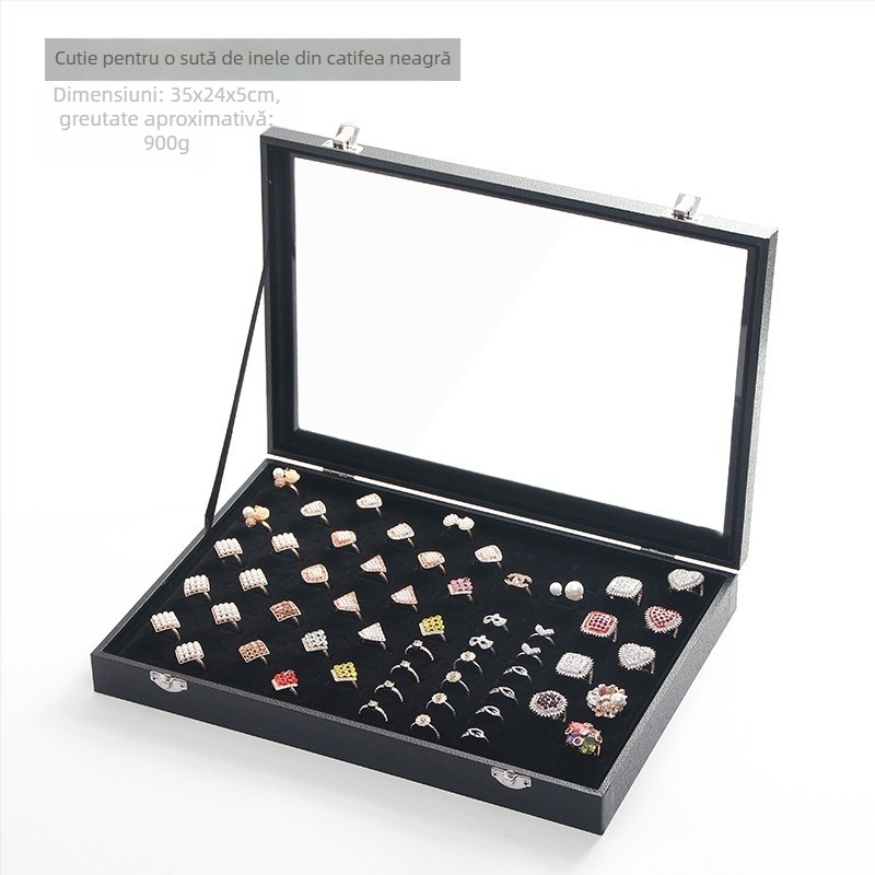 Catifea, capacitate mare, inel, bijuterii, depozitare, cutie transparentă, tavă, colier, bijuterii, cutie de depozitare