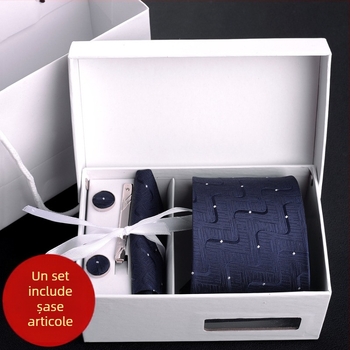 Costum bărbătesc transfrontalier din fabrică, format din șase piese, negru, 8 cm, cu dungi, cravată manuală, mire, cutie cadou de nuntă