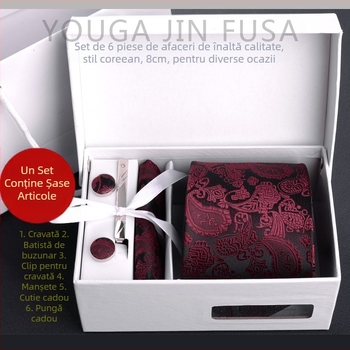 Costum bărbătesc transfrontalier din fabrică, format din șase piese, negru, 8 cm, cu dungi, cravată manuală, mire, cutie cadou de nuntă