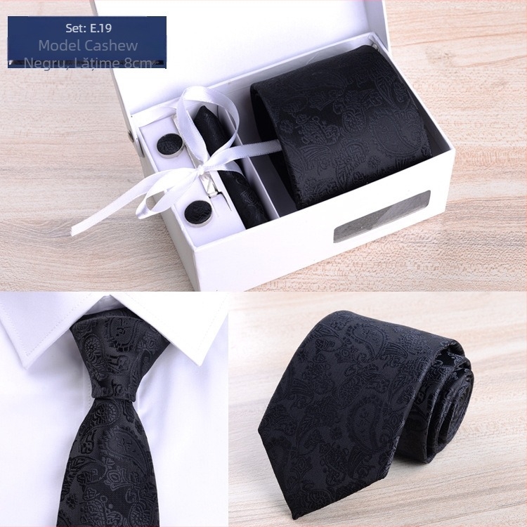 Costum bărbătesc transfrontalier din fabrică, format din șase piese, negru, 8 cm, cu dungi, cravată manuală, mire, cutie cadou de nuntă