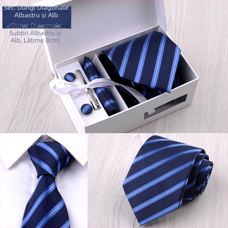 Costum bărbătesc transfrontalier din fabrică, format din șase piese, negru, 8 cm, cu dungi, cravată manuală, mire, cutie cadou de nuntă