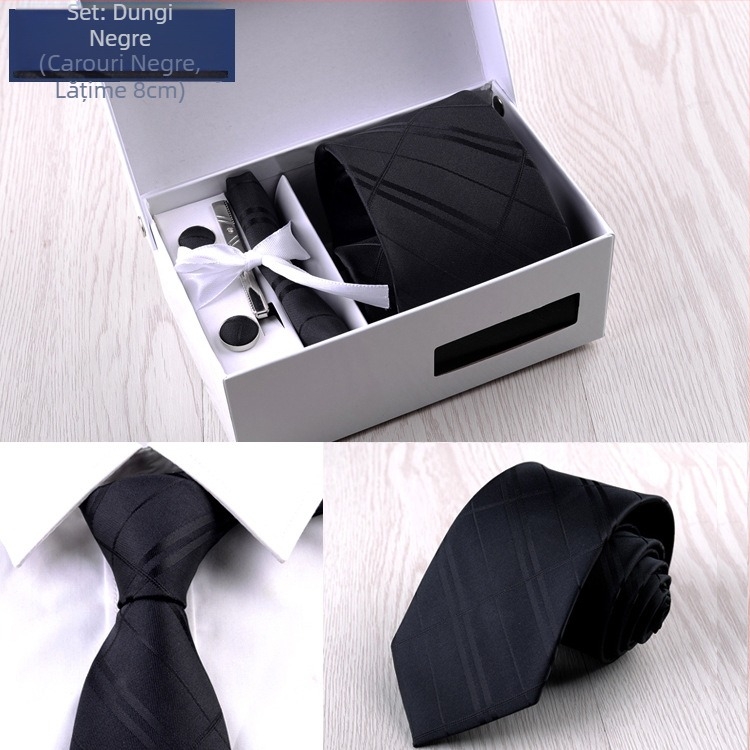 Costum bărbătesc transfrontalier din fabrică, format din șase piese, negru, 8 cm, cu dungi, cravată manuală, mire, cutie cadou de nuntă