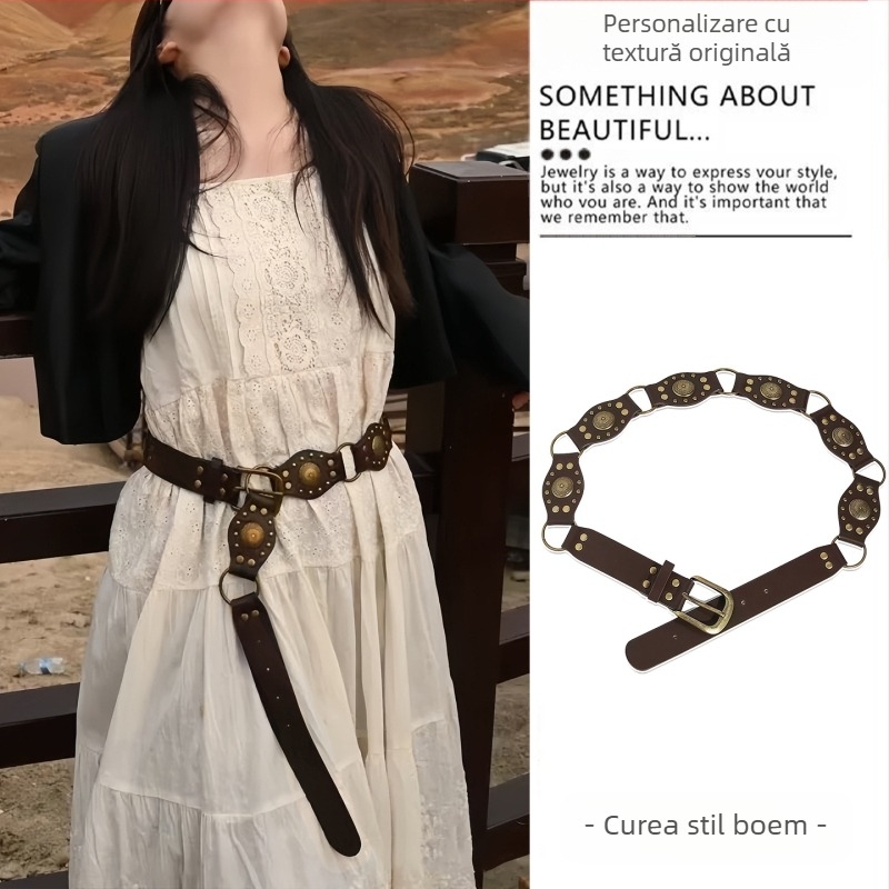 Curea maro în stil etnic medieval boem pentru femei, fustă împletită, lanț de talie, accesorii metalice Y2K pentru talie
