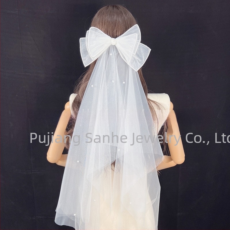 Voal mic retro francez de mireasă transfrontalier, vânzare fierbinte, Super Fairy, înregistrare foto de nuntă, arc mare cu perle, pălării