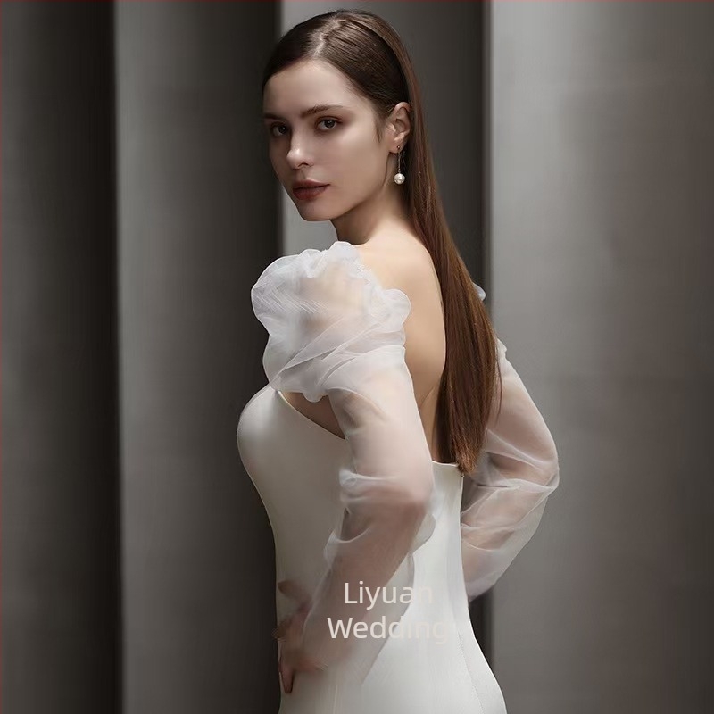 Fir simplu, moale, lung, transparent, din tul alb-crem, pentru mireasă, foto, protecție solară, cu mânecă, rochie