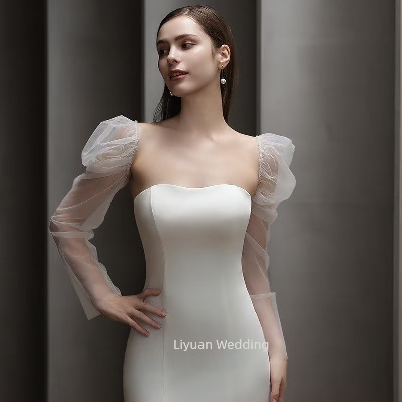 Fir simplu, moale, lung, transparent, din tul alb-crem, pentru mireasă, foto, protecție solară, cu mânecă, rochie