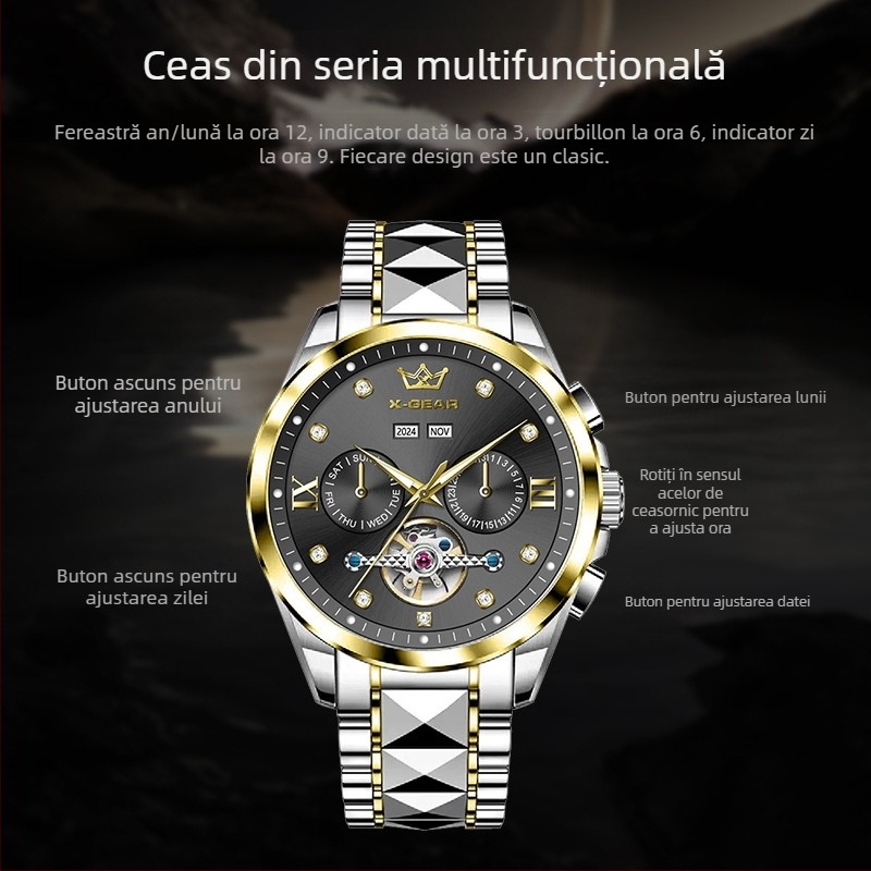 X-Gear Neptune Star Perpetual Calendar Tourbillon Watch, complet automat, mecanic, schelet, ceas bărbătesc, tourbillon mecanic